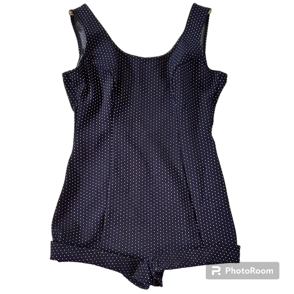 Vtg 40s‎ 50s Bradley Black White Polka Dot  Boy Leg Low Back One Piece Swimsuit - Picture 1 of 16